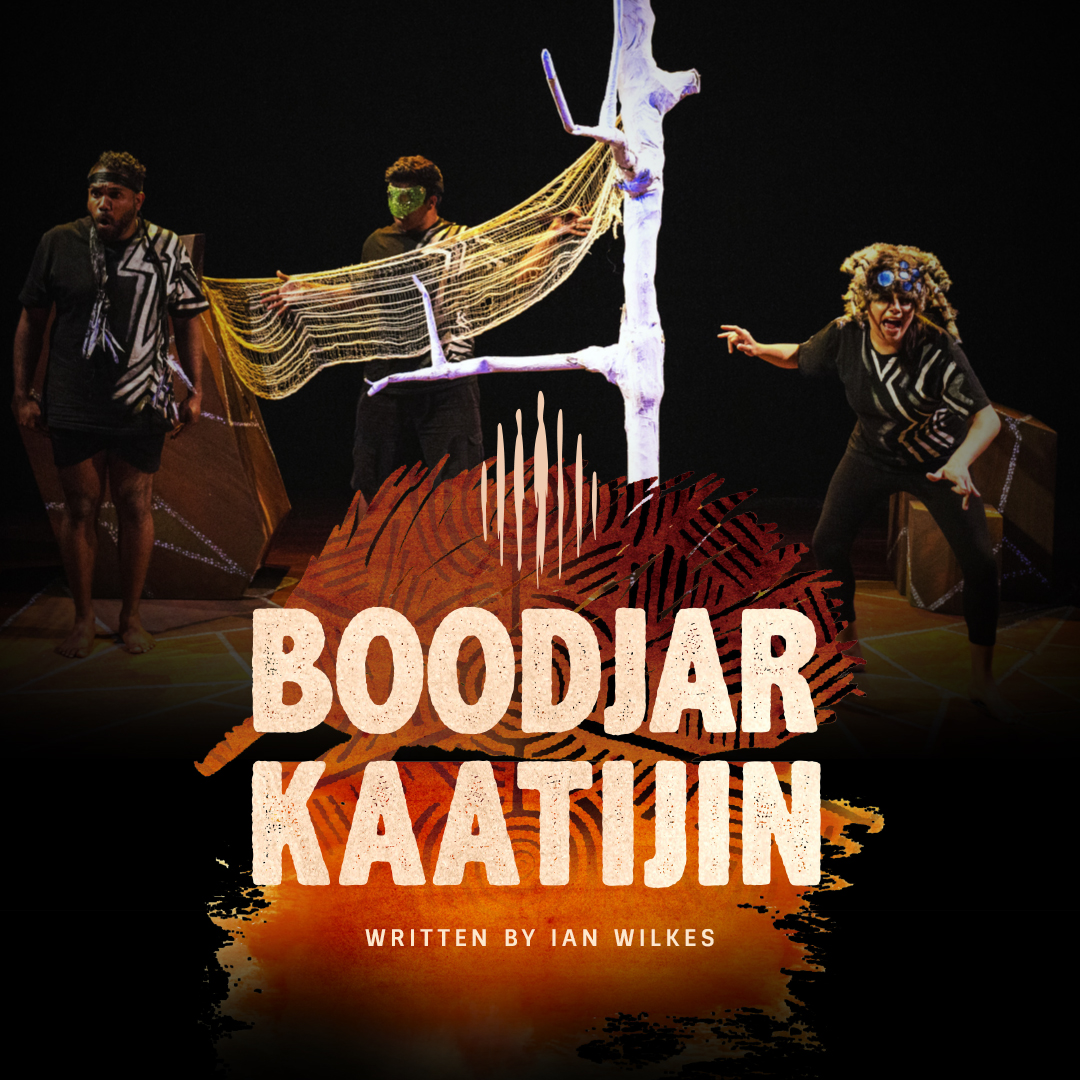 First Nations People in costume perform on a stage featuring a white tree in the centre. The titel Boodjar Kaatijin is overlayed over the bottom of the image