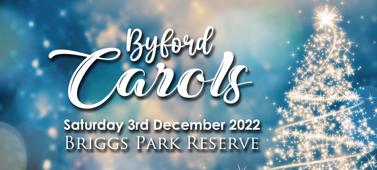 Byford Carols on a pale blue background with white chirstmas tree and stary snow effect