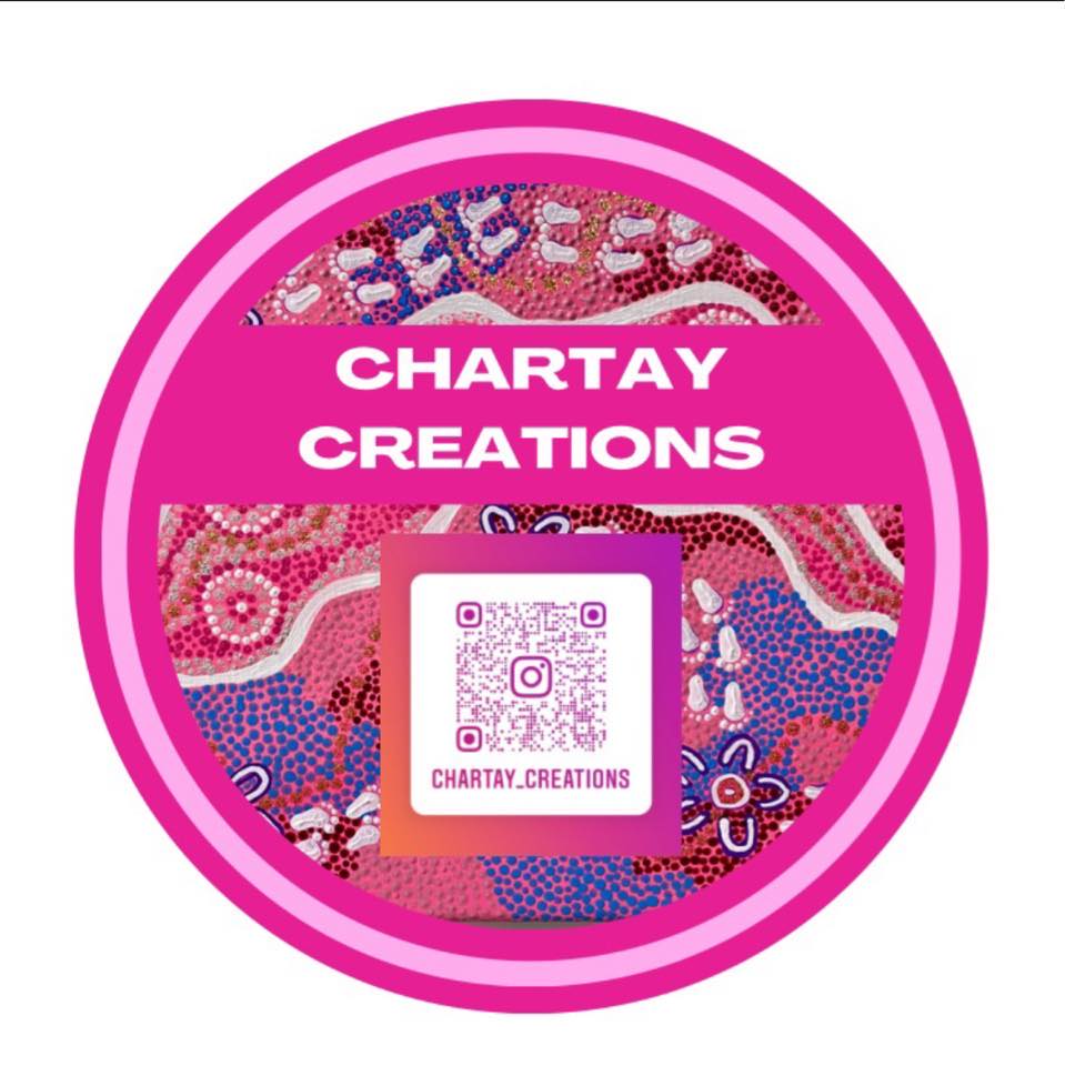 a round pink circle with aboriginal artwork inside in pinks, purple and white. The words Chartay Creations and a QR code to their website is overlayed. This is the logo for the artist who will have a stall at the event.